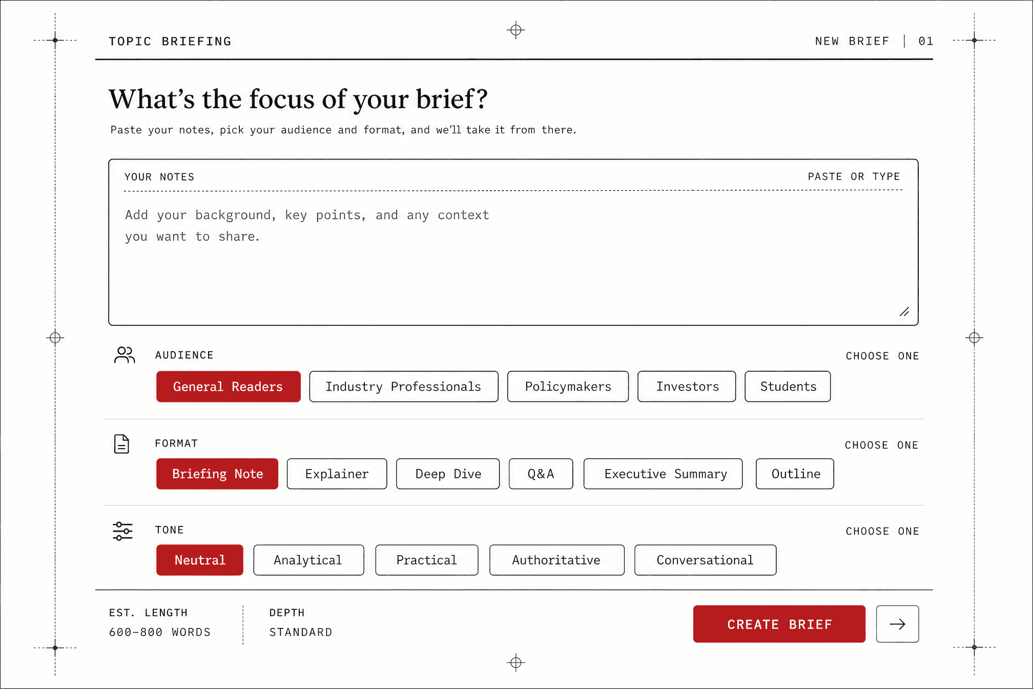 Topic briefing composer with audience, format and tone controls