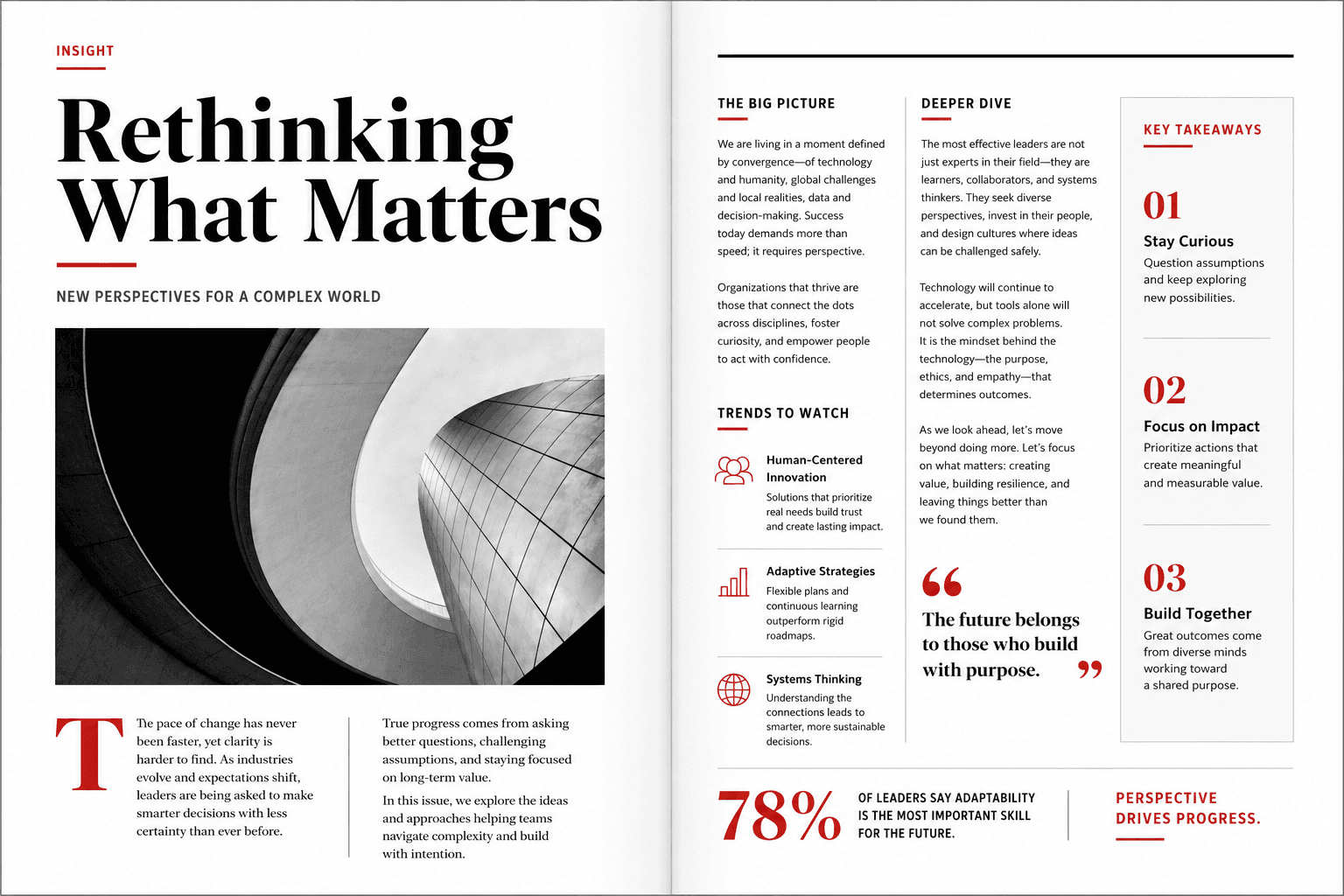 Full newsletter spread with headline, sections and takeaways box