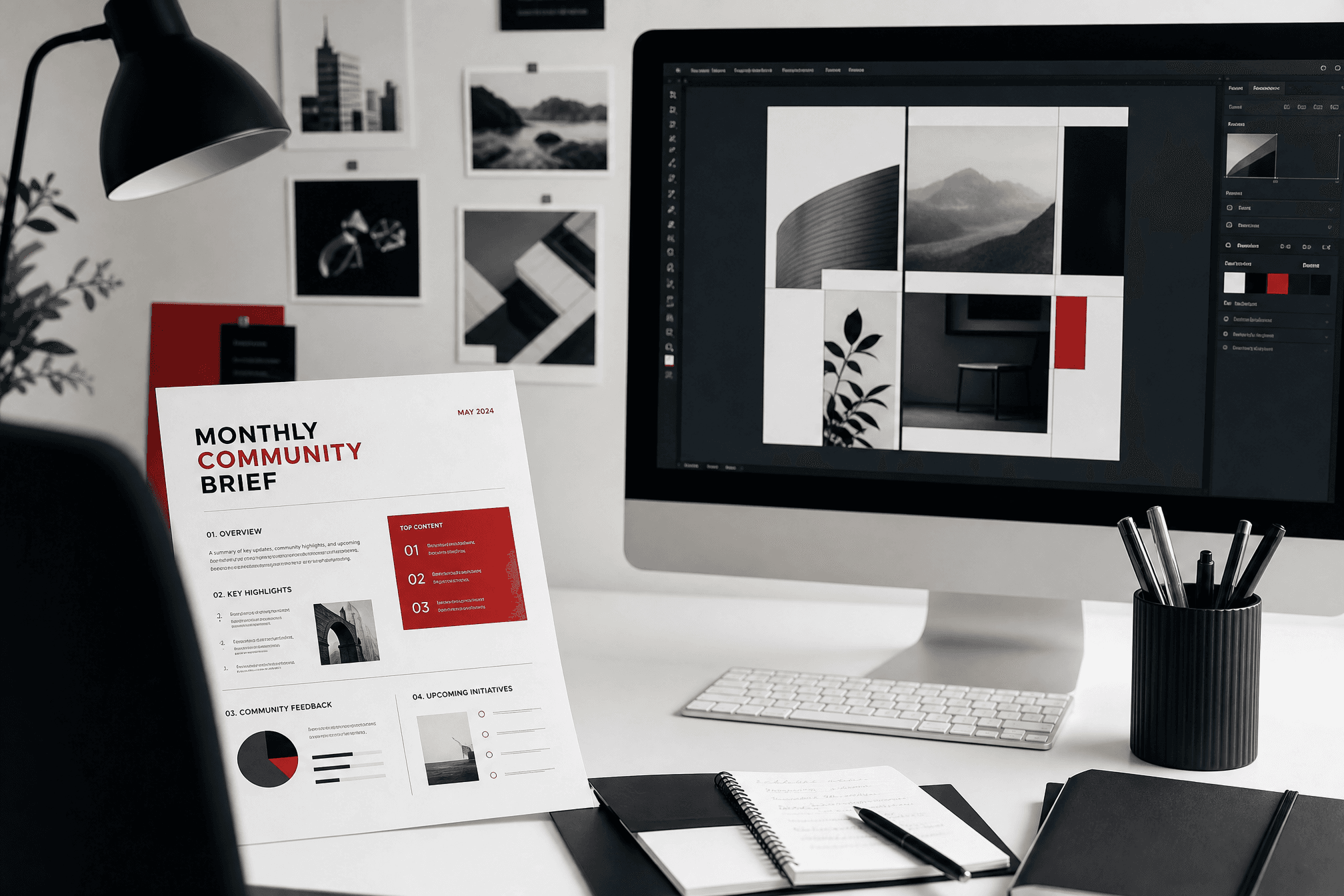A community manager's workspace with a printed brief